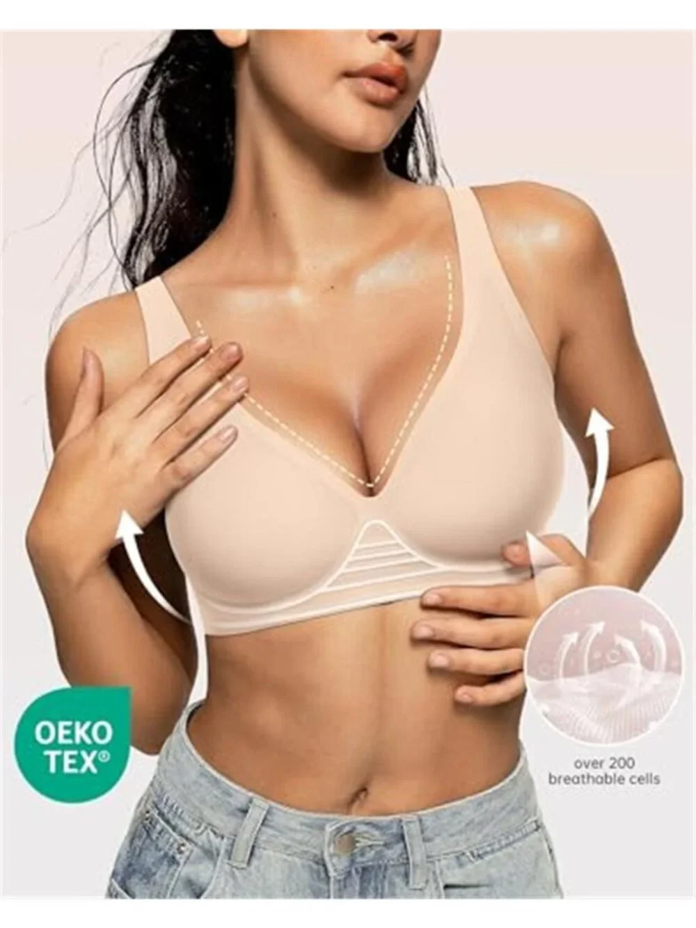 Deep V Wireless Push Up Bralette Seamless Plunge Tshirt Bra No Underwire Nude 3D